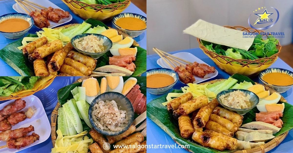 Một phần chả cuốn cá trích Phan Thiết đầy đủ với chả giò, nem chua, trứng luộc và rau sống