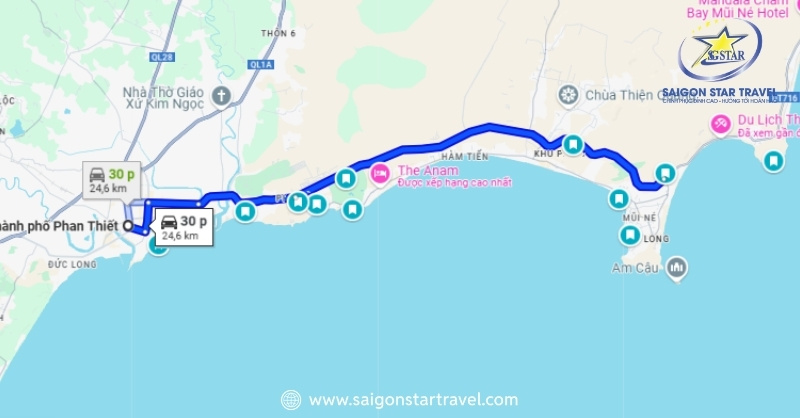 Bản đồ đường đi từ tp. Phan Thiết đến Đồi Cát Bay Mũi Né