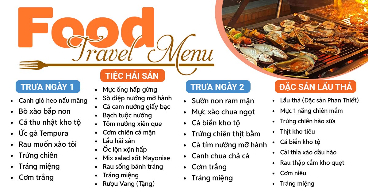 Tour Phan Thiết Mũi Né - Thực đơn Food Menu tham khảo
