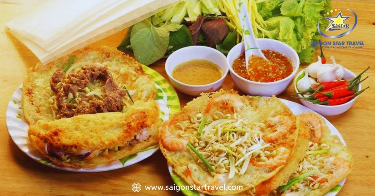Bánh xèo tôm nhảy nhân thịt bò và tôm tươi