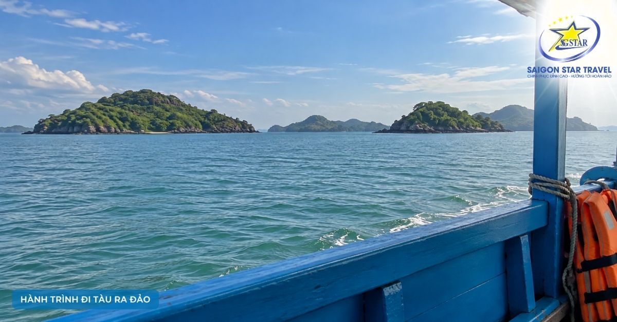 Tàu di chuyển trên vùng biển có những đảo nhỏ thuộc khu vực Bà Lụa