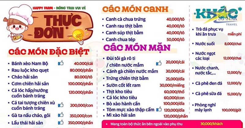 thực đơn các món ở Happy Farm
