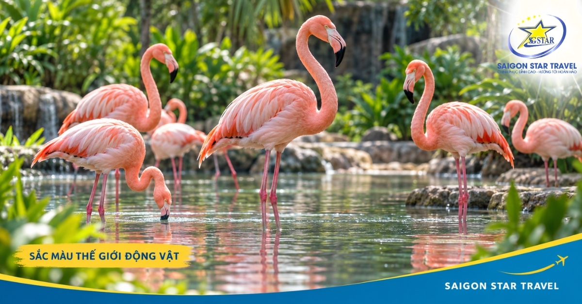 Đàn hồng hạc bên hồ nước trong không gian xanh của Safari