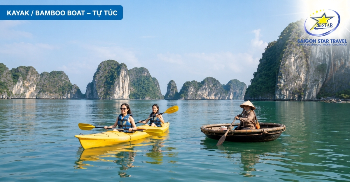 Trải nghiệm kayak hoặc bamboo boat tự túc tại Vịnh Hạ Long
