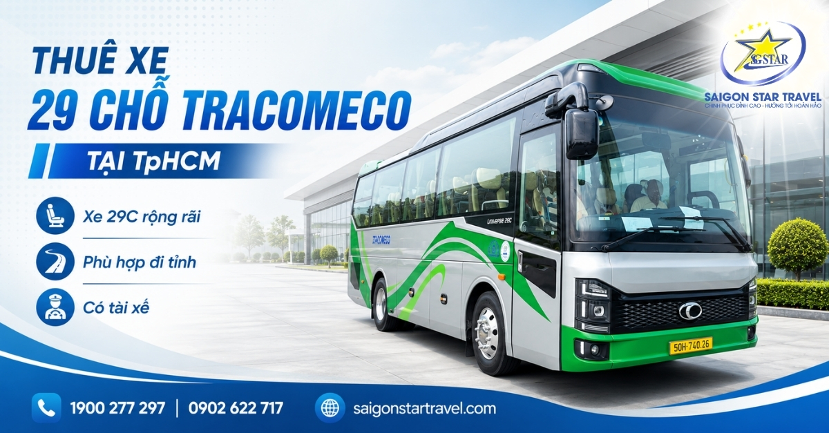Thuê xe 30 chỗ tại TpHCM bằng xe 29C Tracomeco đời mới có tài xế