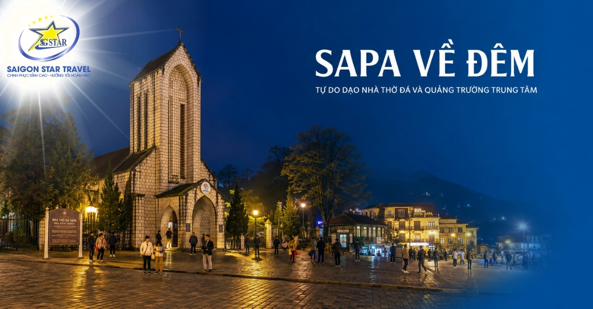 Nhà thờ Đá và quảng trường trung tâm Sapa về đêm