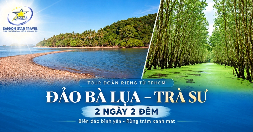 Ảnh kết hợp cảnh biển Ba Hòn Đầm và rừng tràm Trà Sư trong chương trình 2 ngày 2 đêm
