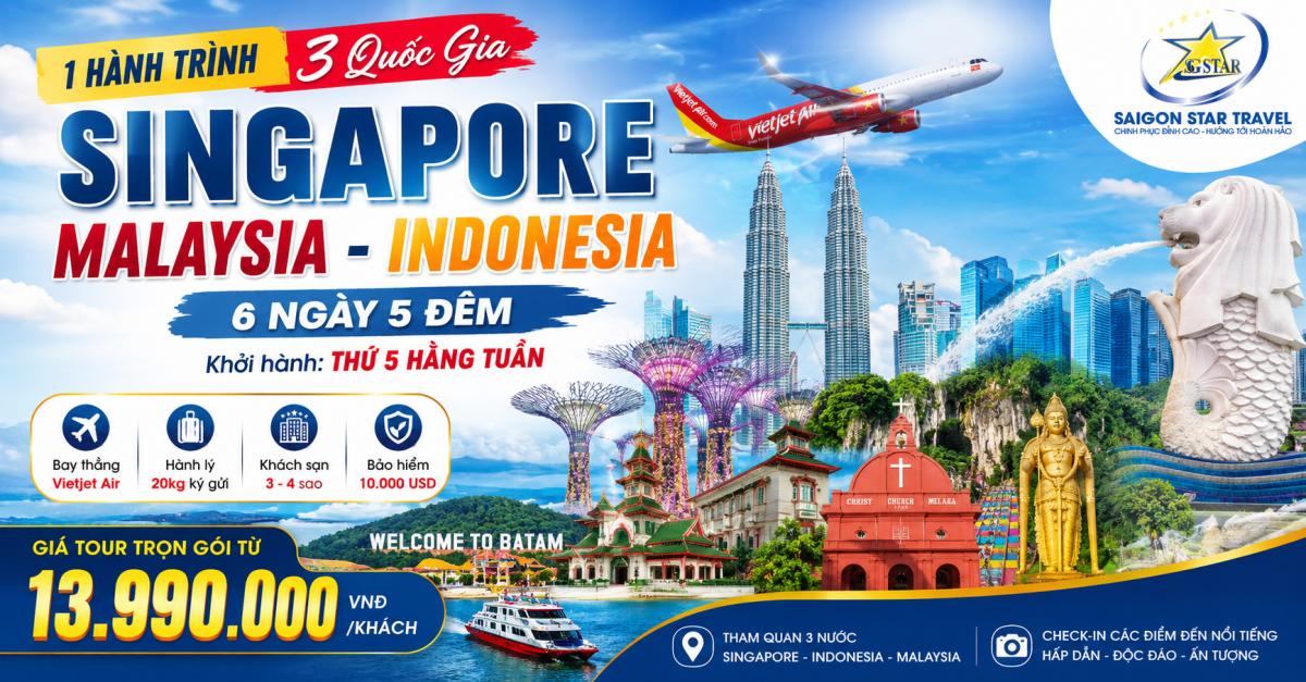 Tour Singapore Malaysia Indonesia 6 ngày 5 đêm từ TpHCM đi 3 quốc gia Đông Nam Á.