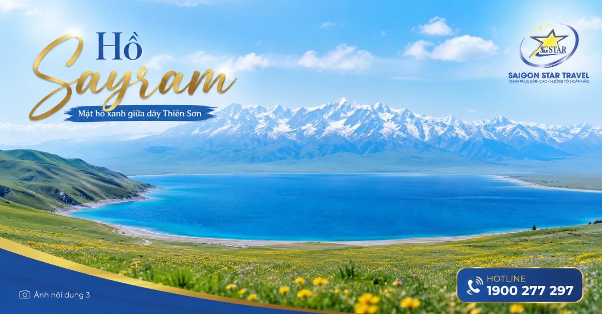 Hồ Sayram xanh rộng giữa núi trong chương trình tour Tân Cương