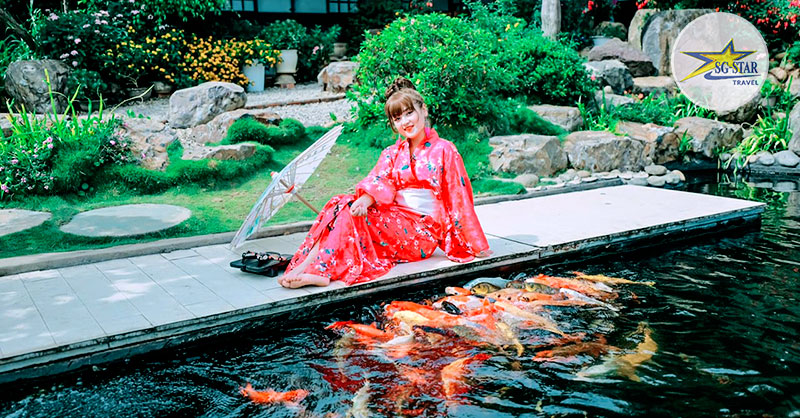 Vé Quê Garden | Saigon Star Travel Hồ cá Koi nổi bật giữa nền trời xanh và phong cảnh đẹp