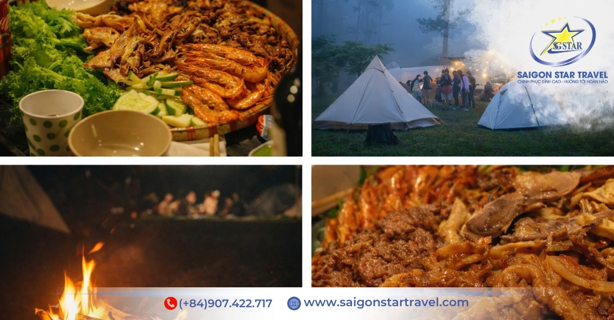 Đêm lửa trại và tiệc BBQ trong tour camping Đà Lạt 2 ngày 1 đêm tại khu vực Hồ Tuyền Lâm