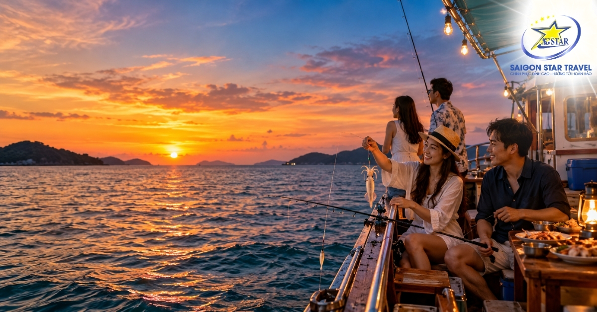 Tour Câu Mực Đêm Phú Quốc - Ngắm Hoàng Hôn & Ăn Tối Trên Tàu