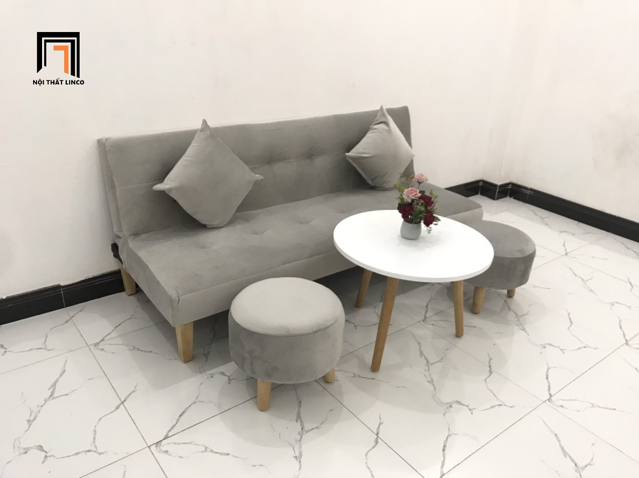 sofa giường xám trắng vải nhung