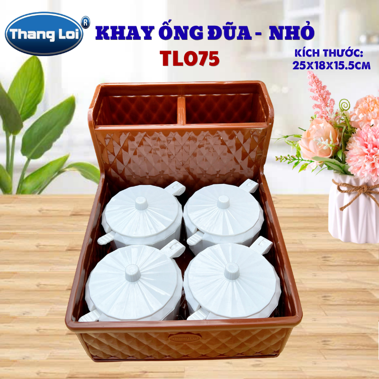 Khay Đựng Đũa Muỗng Kèm Ngăn Gia Vị Size Nhỏ TL075 – Nhựa Thắng Lợi | Dày Dặn, Sang Trọng, Phù Hợp Nhà Hàng Quán Ăn