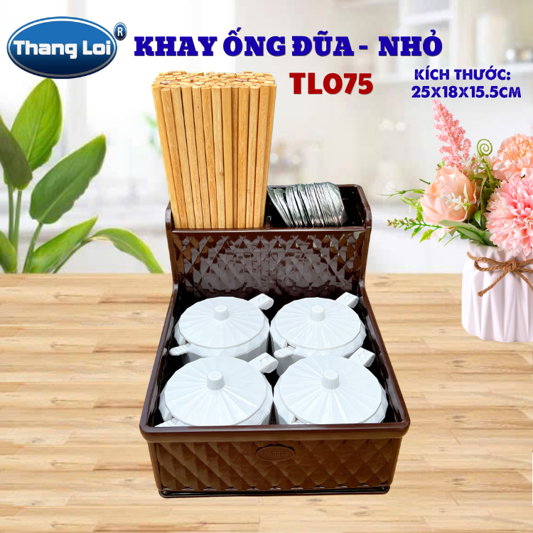 Khay Đựng Đũa Muỗng Kèm Ngăn Gia Vị Size Nhỏ TL075 – Nhựa Thắng Lợi | Dày Dặn, Sang Trọng, Phù Hợp Nhà Hàng Quán Ăn