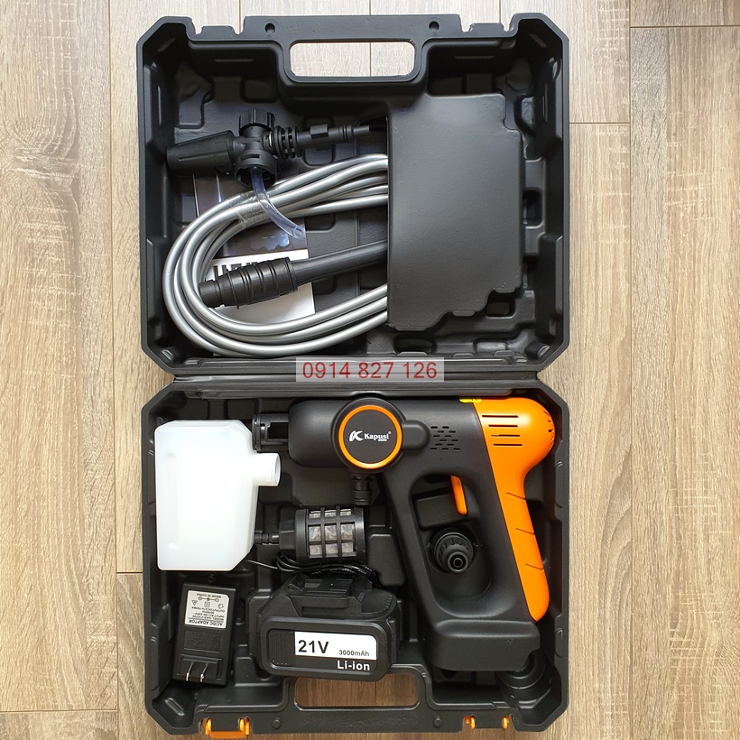 Bộ Máy Rửa Xe pin 21V hãng KAPUSI K-6995 đủ phụ kiện rửa ô tô, xe máy, tưới cây, sân vườn