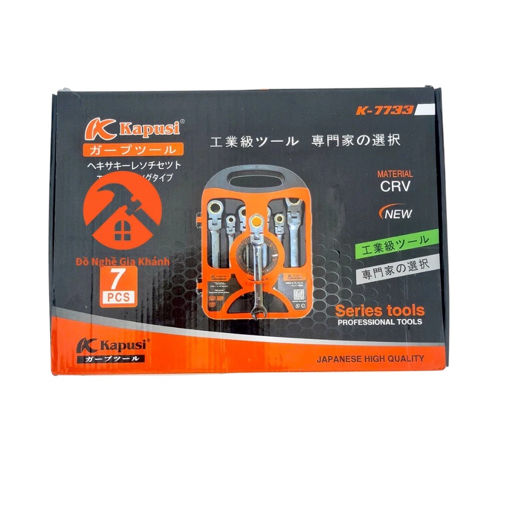 Bộ cờ lê vòng miệng tự động đảo chiều lắt léo KAPUSI 7 chi tiết K7733 8-19mm, thép CR-V, bánh cóc 72 răng, Bh 12 tháng