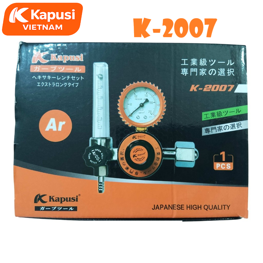 Cụm Đồng Hồ Đo Khí Argon Kapusi K-2007 – Áp Suất 3500psi, Cột Bi Polycarbonate, Ren Trong, Đầu Ra Đuôi Chuột, Bh 12tháng