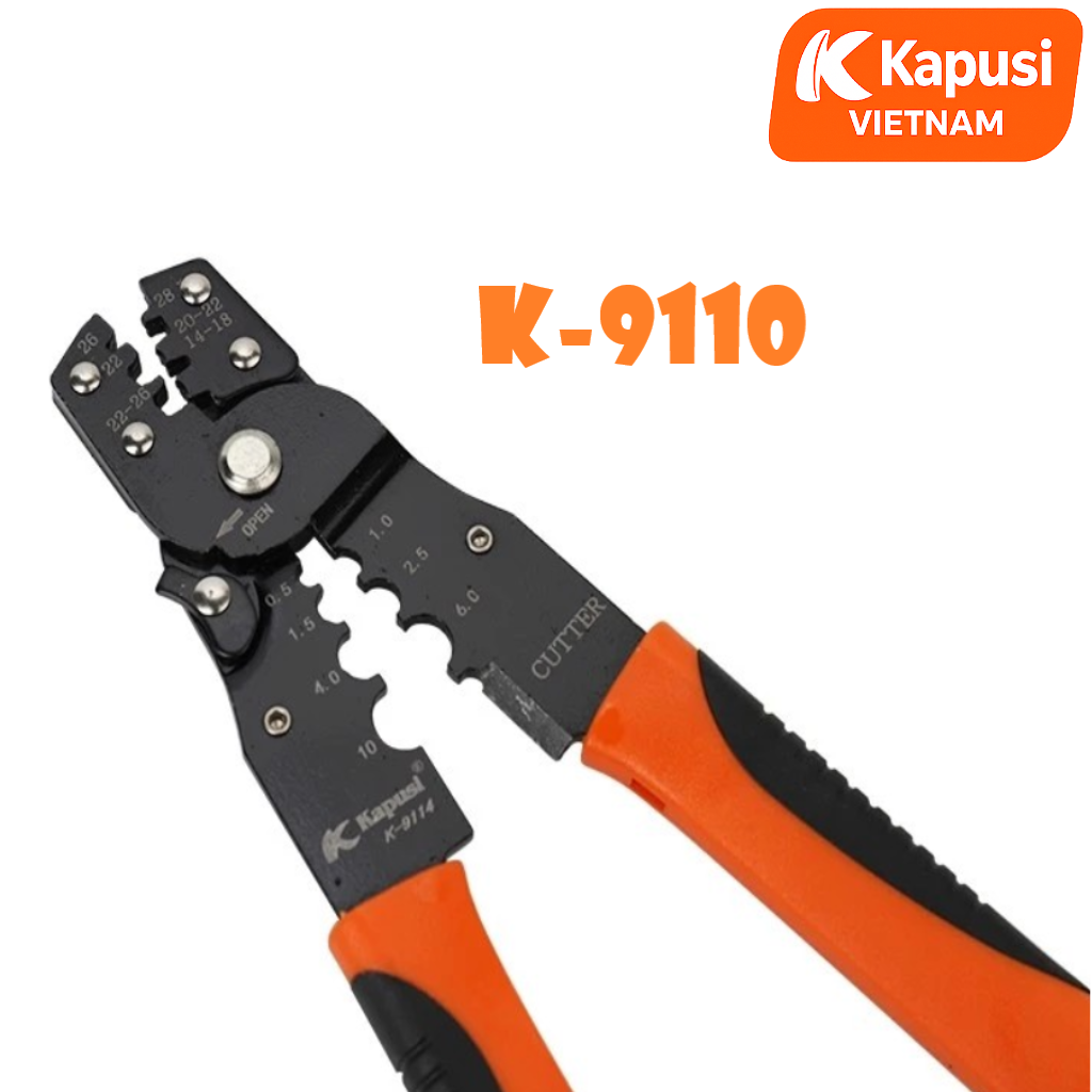 Kìm Ép Cốt Đa Năng Kapusi K-9110 – Bấm Cos AWG 14–28, Tuốt Dây 0.5–10mm, Thép Hợp Kim Cứng, Dài 190mm, Bh 12 tháng