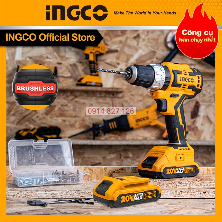 Máy khoan búa không chổi than hãng INGCO pin Lithium-Ion CIDLI20608 kèm pin, bộ sạc và 3 mũi khoan bê tông