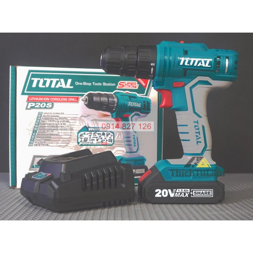 Máy khoan pin cầm tay 20V Total TDLI20011 hai tốc độ 400/1500v/p, siết 45nm, kèm 1 pin sạc