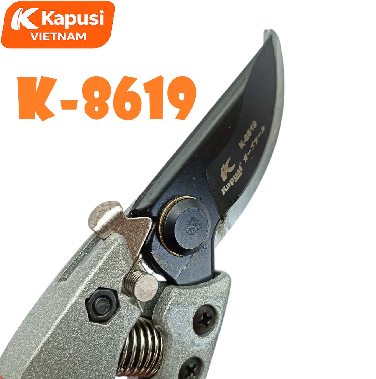 Kéo Cắt Cành 8 Inch KAPUSI K-8619 Lưỡi Đen Dáng Cong Thép SK5 Cao Cấp Có Chốt Khóa Lò Xo Cứng Cáp, BH 12 tháng