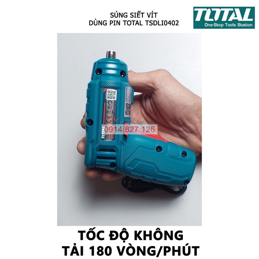 Máy bắn vít mini dùng pin 4v Total TSDLI0402 đầu lục giác 1/4'', tốc độ 180v/p, lực xoắn 4nm, Bh 6 tháng diy-vietnam