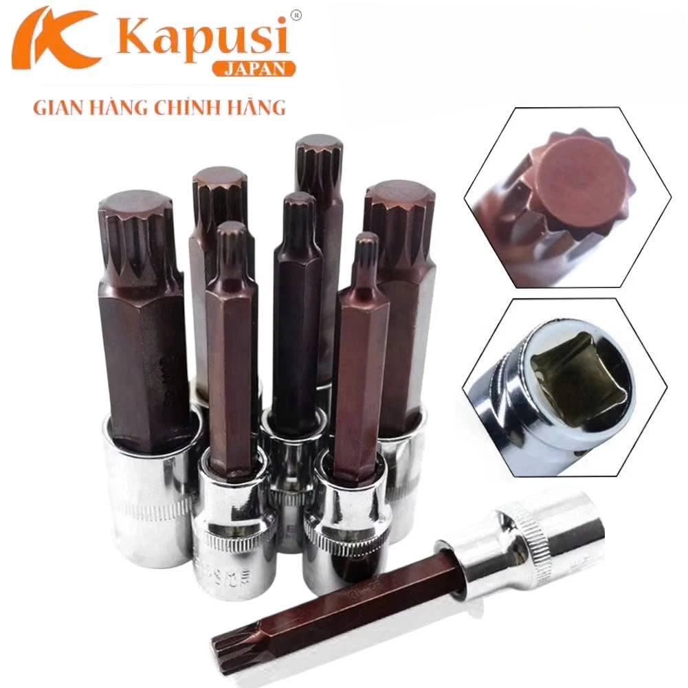Đầu Tuýp Bông Mai 12 Cạnh Dài 100mm Kapusi 1/2 inch – M5 đến M16 – CRV S2, Lẻ Từng Cỡ, Bh 12 tháng