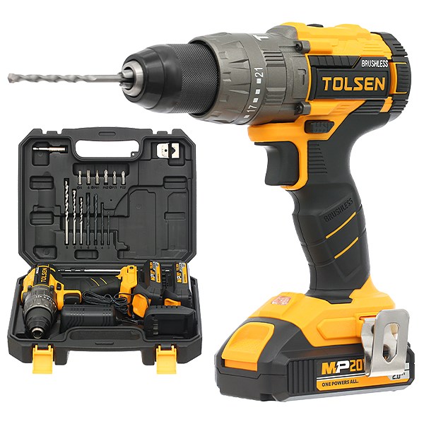 Máy khoan pin 20V 13MM có búa động cơ không chổi than TOLSEN 87254, lực vít lên đến 58Nm