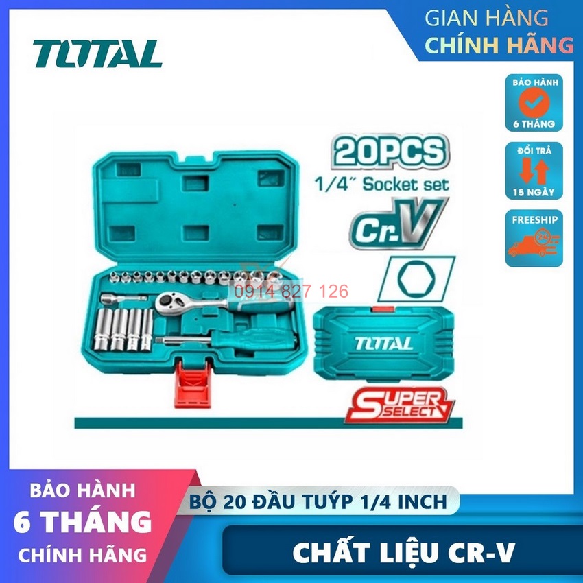 Bộ đầu tuýp 20 chi tiết 1/4inch TOTAL THT141201 mở bu long đai ốc trong việc tháo lắp, sửa chữa