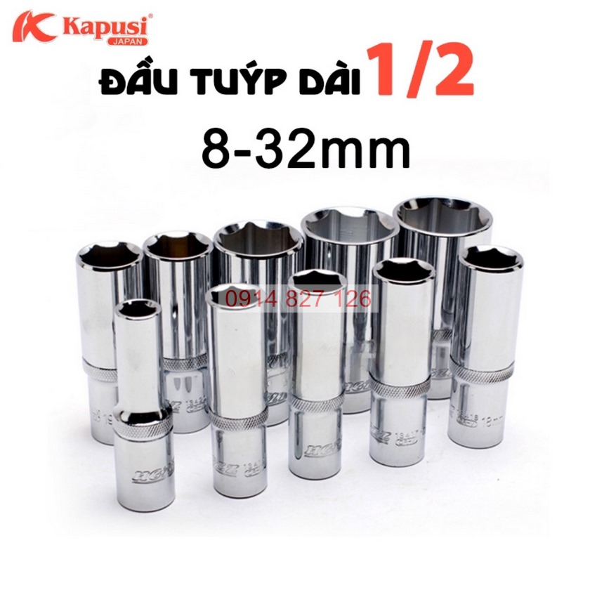 Tuýp khẩu lục giác trắng dài 78mm KAPUSI Nhật Bản hệ 1/2 inch đủ size 8-32mm, thép CR-V
