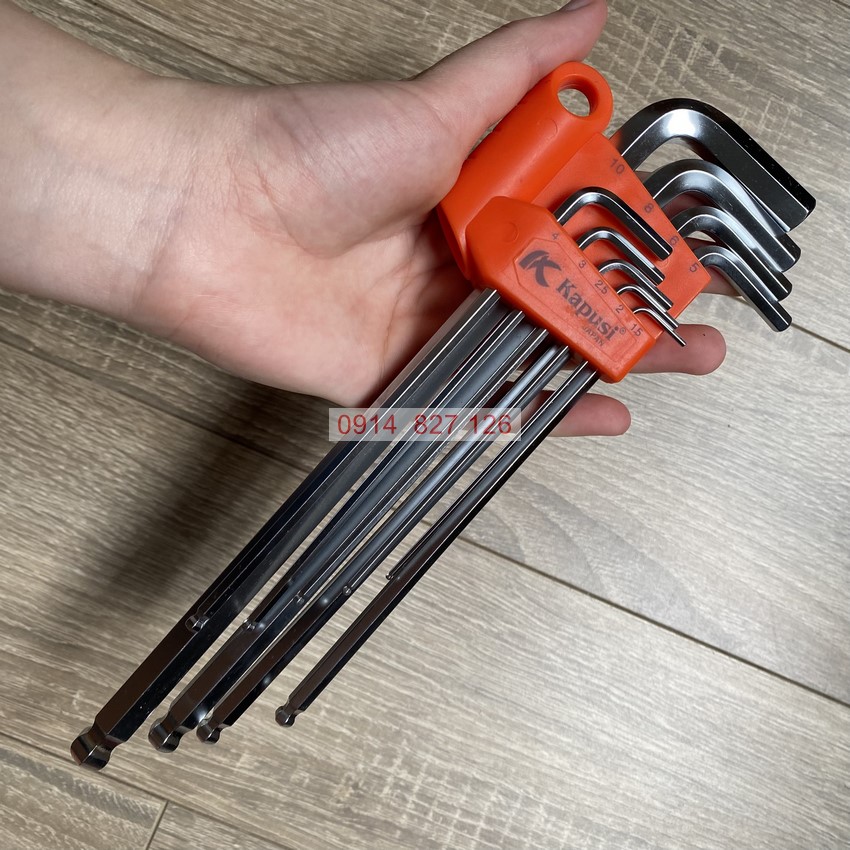 Bộ lục giác bi trắng mờ chữ L KAPUSI K-0191, 9 chi tiết từ 1.5-10mm Hợp kim thép