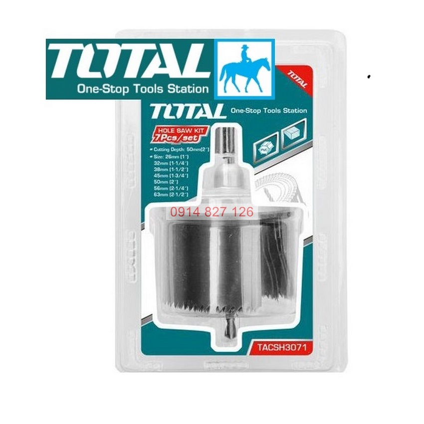 Bộ mũi khoét lỗ gỗ 7 chi tiết TOTAL TACSH3071 chất liệu thép đk lỗ khoét 26-32-38-45-50-56-63mm
