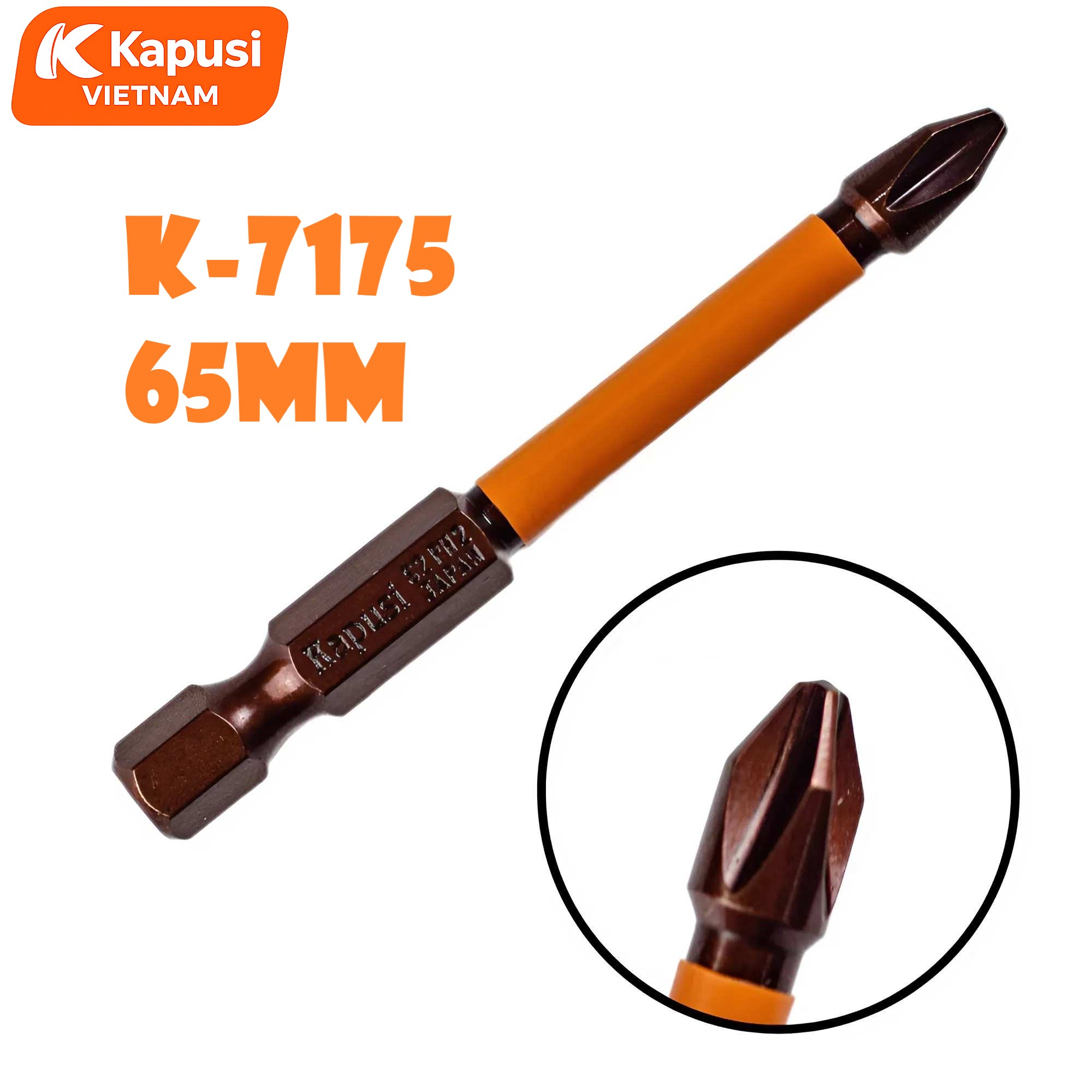 Mũi Bắt Vít 1 Đầu Cỡ 65mm Chân Lục Giác Kapusi K-7175 Thép S2 Nâu Cao Cấp Đầu Bốn Cạnh PH2 Chịu Lực Momen Xoắn Cao BH12T