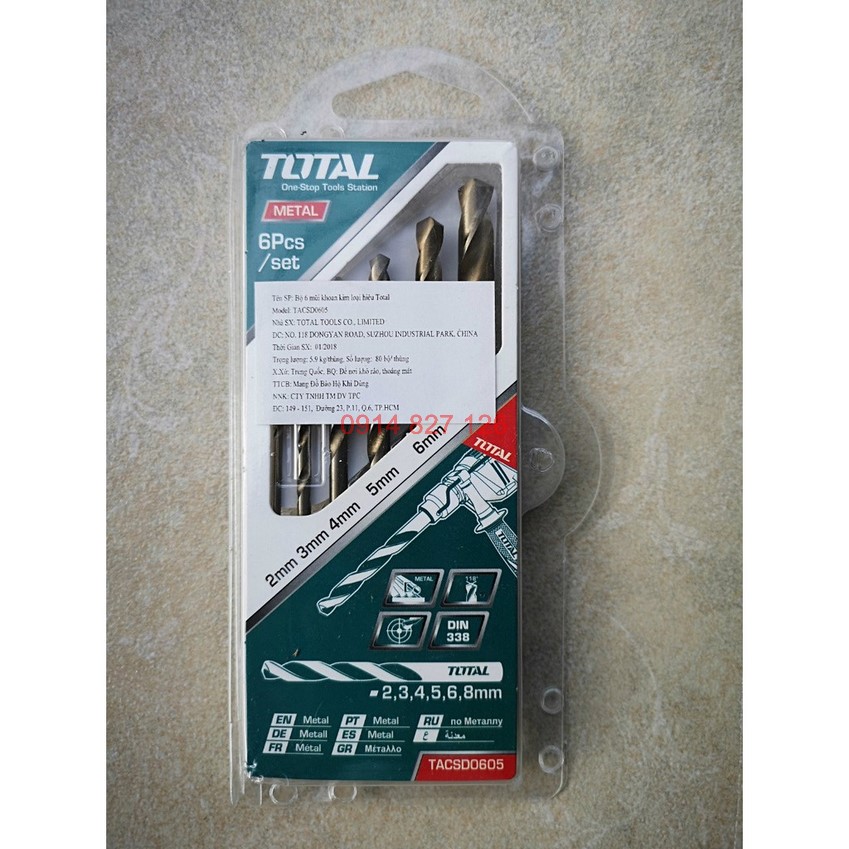 Bộ 6 mũi khoan kim loại TOTAL TACSD0605 có kích thước từ 2-8 mm