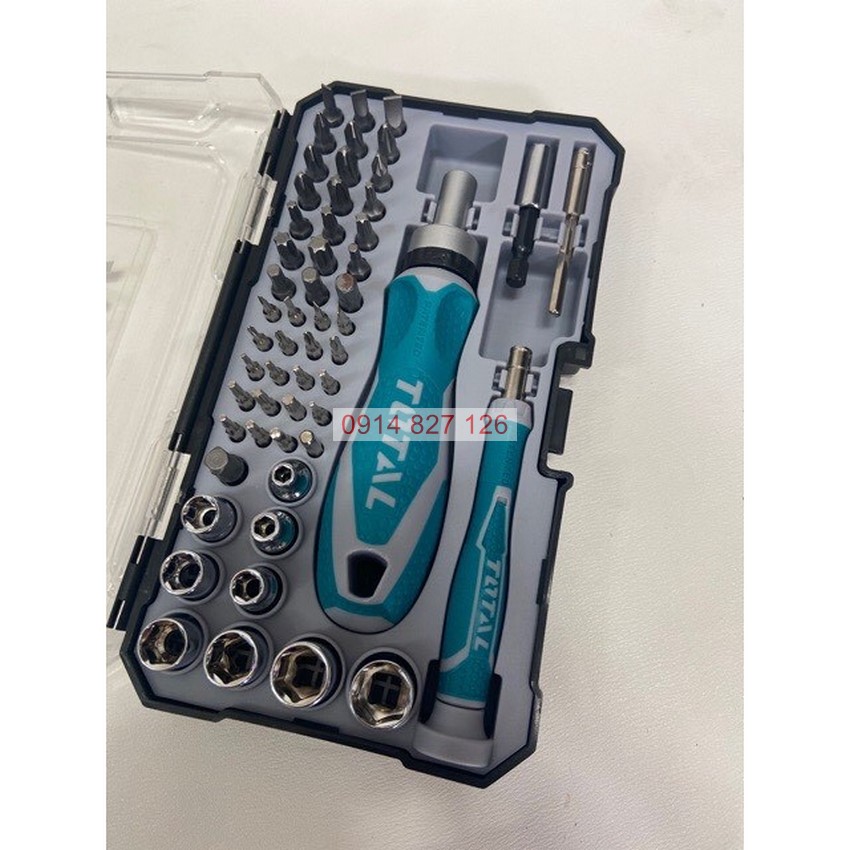 Bộ tua vít đa năng tự động 55 chi tiết TOTAL TACSD30556 gồm tua vít, mũi vít, đầu tuýp