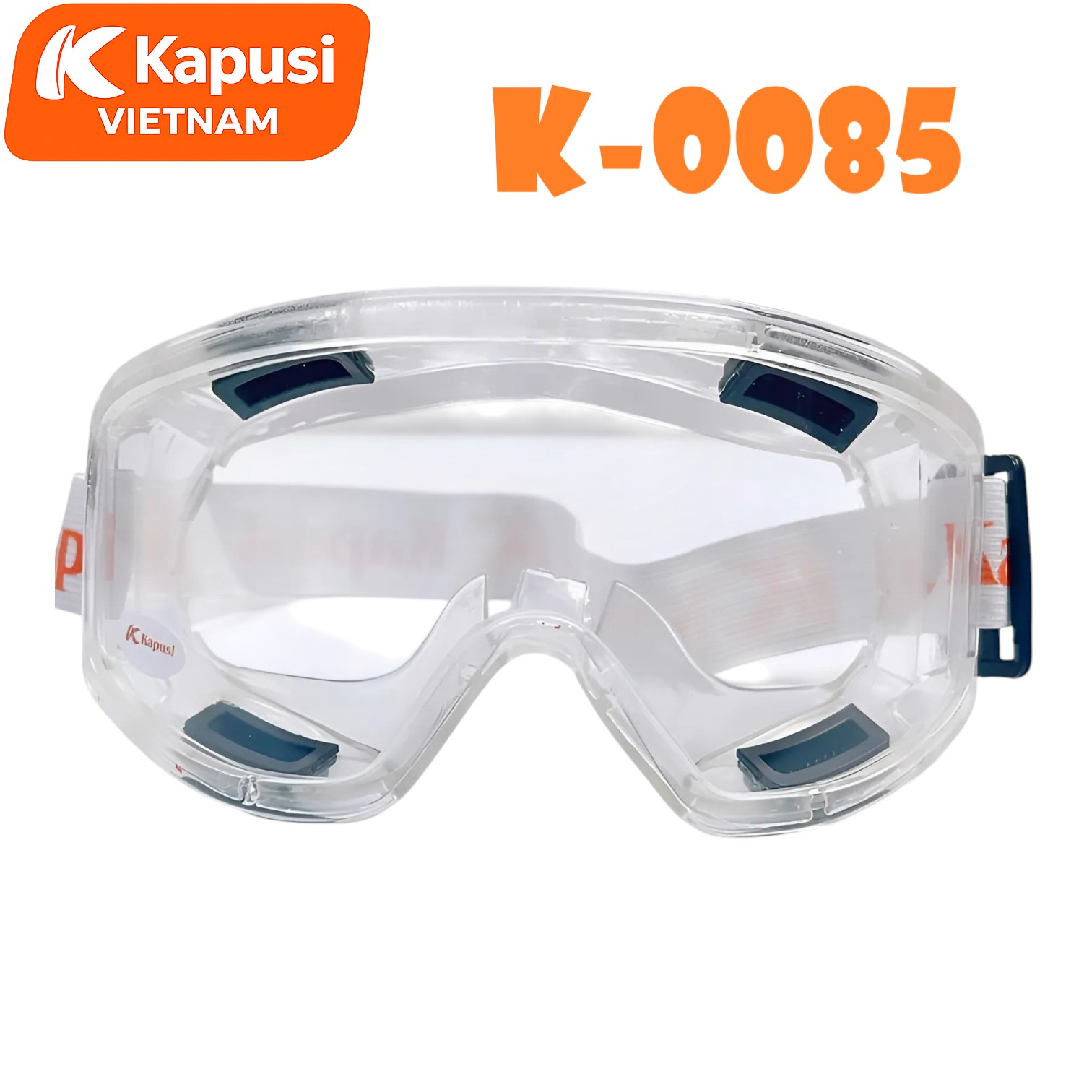 Kính Bảo Hộ Đa Năng KAPUSI K-0085 Dây Trắng Cam -Mắt Kính Polycarbonate Trong Suốt Chịu Lực Va Đập Chống Trầy Xước BH12T