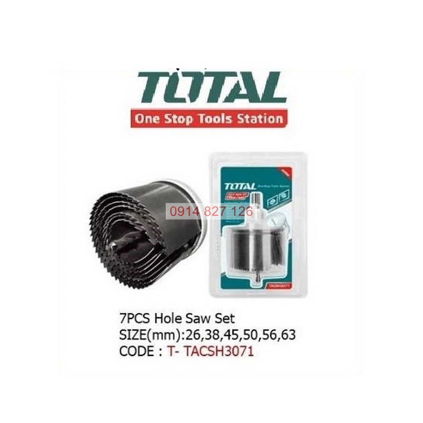 Bộ mũi khoét lỗ gỗ 7 chi tiết TOTAL TACSH3071 chất liệu thép đk lỗ khoét 26-32-38-45-50-56-63mm