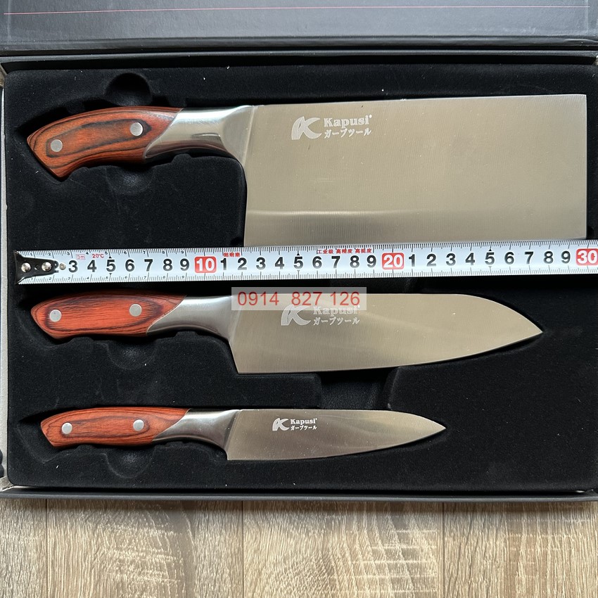 Bộ dao nhà bếp KAPUSI Nhật Bản cán gỗ gồm 3 cỡ, Thép không gỉ
