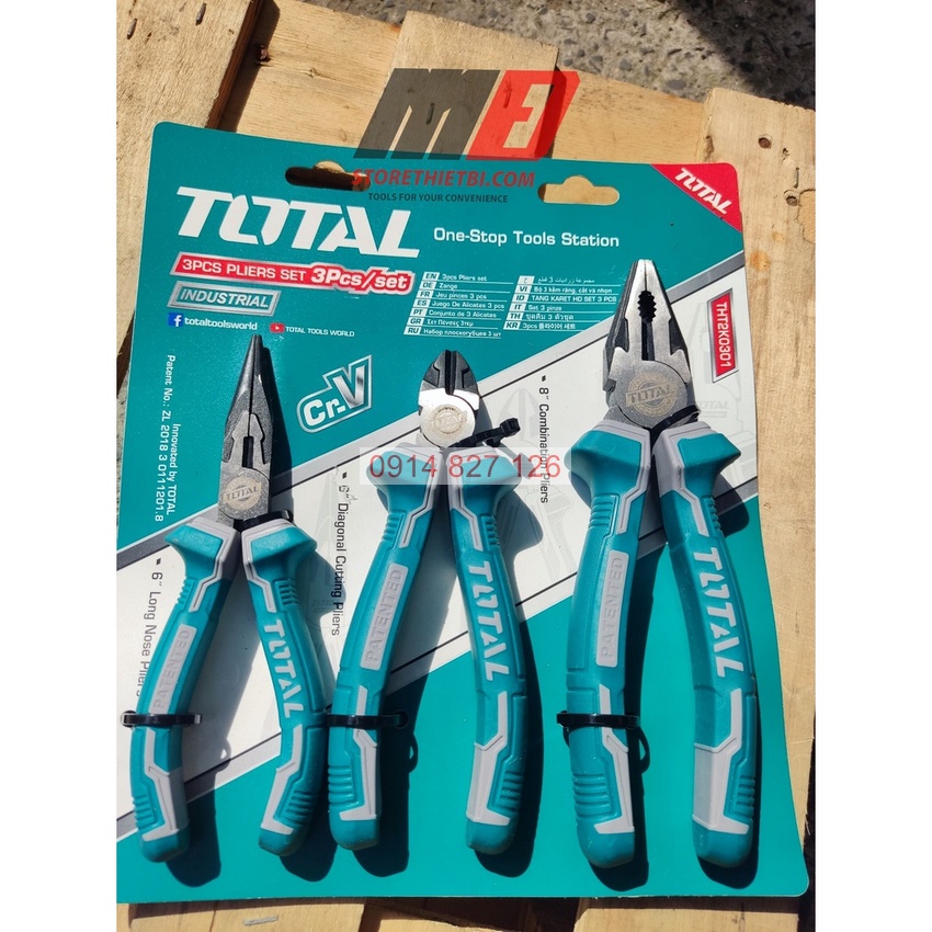 Bộ 3 kìm điện, kìm cắt và kìm mũi nhọn TOTAL THT1K0311, 7inch-6inch-6inch, thép không gỉ
