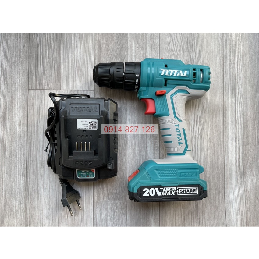 Máy khoan pin cầm tay 20V Total TDLI20011 hai tốc độ 400/1500v/p, siết 45nm, kèm 1 pin sạc