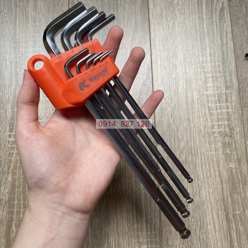 Bộ lục giác bi trắng mờ chữ L KAPUSI K-0191, 9 chi tiết từ 1.5-10mm Hợp kim thép