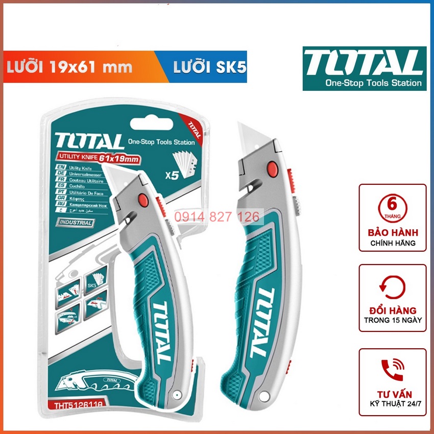 Dao rọc giấy đa năng TOTAL THT5126128 kích thước lưỡi 61x19mm, lưỡi SK5, kèm 6 lưỡi