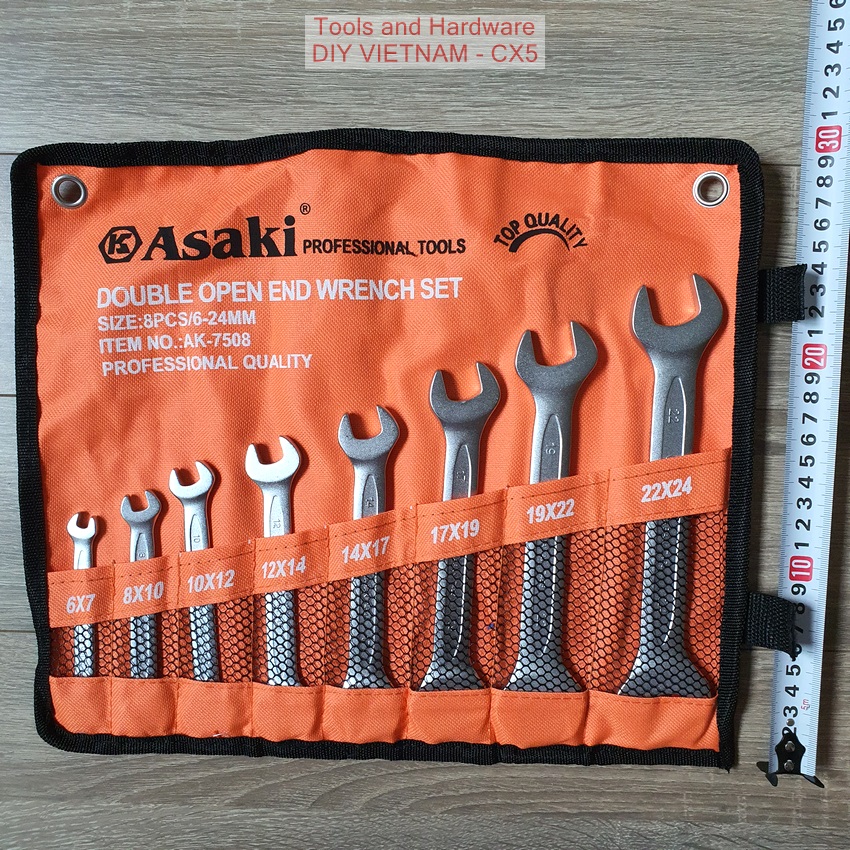Bộ cờ lê 2 đầu mở hãng Asaki cao cấp, 8 chi tiết từ 6x7 đên 22x24mm