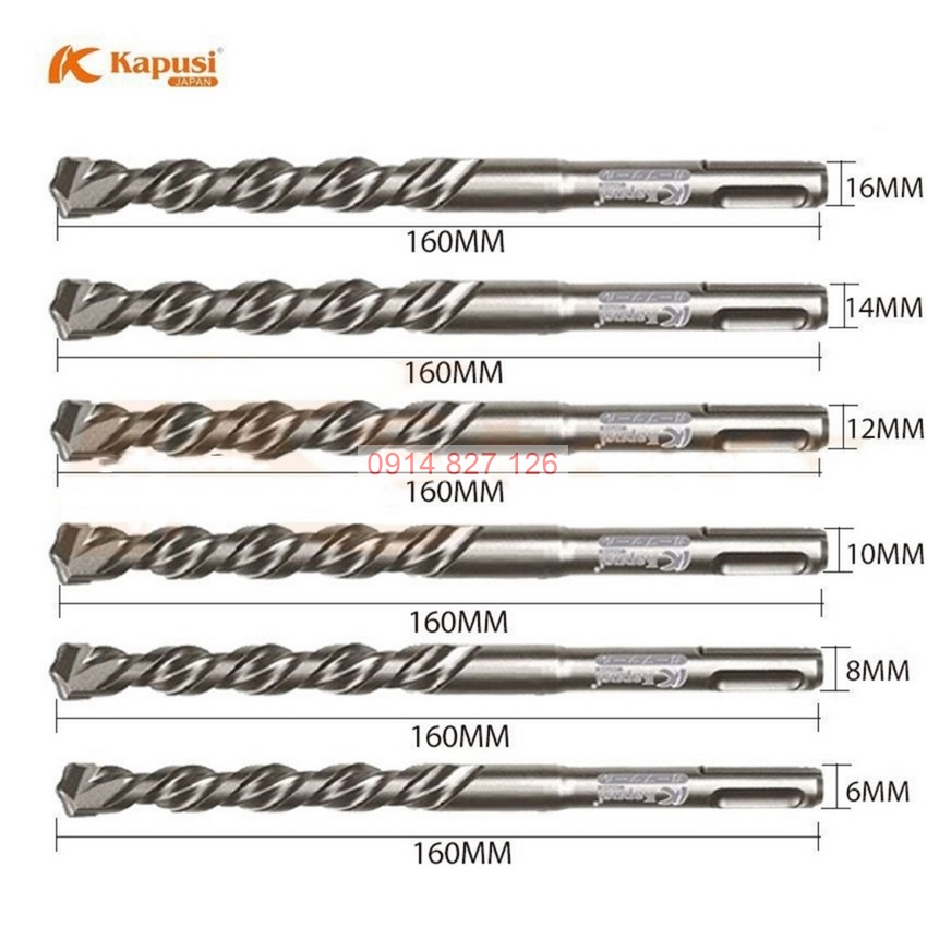 Mũi khoan bê tông 4 cạnh KAPUSI Nhật Bản chiều dài 110mm-160mm, phi từ 6-16mm