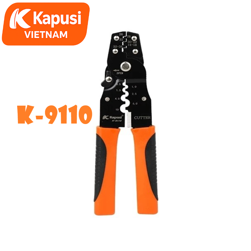 Kìm Ép Cốt Đa Năng Kapusi K-9110 – Bấm Cos AWG 14–28, Tuốt Dây 0.5–10mm, Thép Hợp Kim Cứng, Dài 190mm, Bh 12 tháng