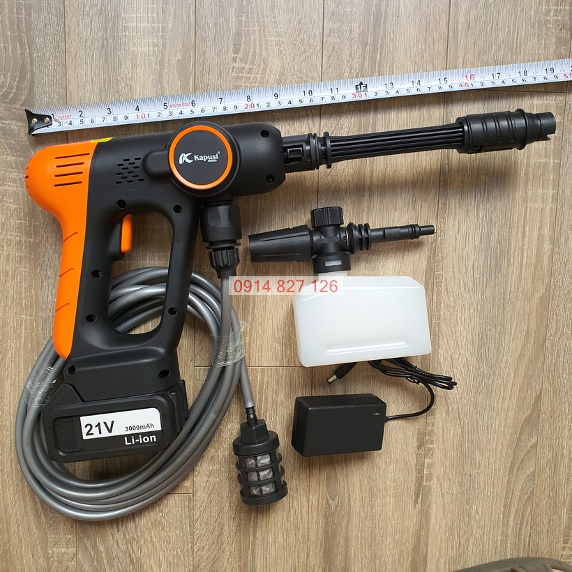 Bộ Máy Rửa Xe pin 21V hãng KAPUSI K-6995 đủ phụ kiện rửa ô tô, xe máy, tưới cây, sân vườn