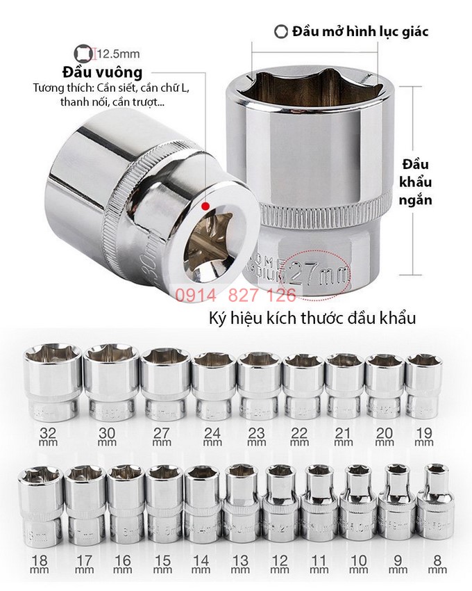 Bộ tuýp khẩu trắng ngắn KAPUSI Nhật Bản hệ 1/2 inch,14-18 cỡ từ 8-32mm, thép CR-V