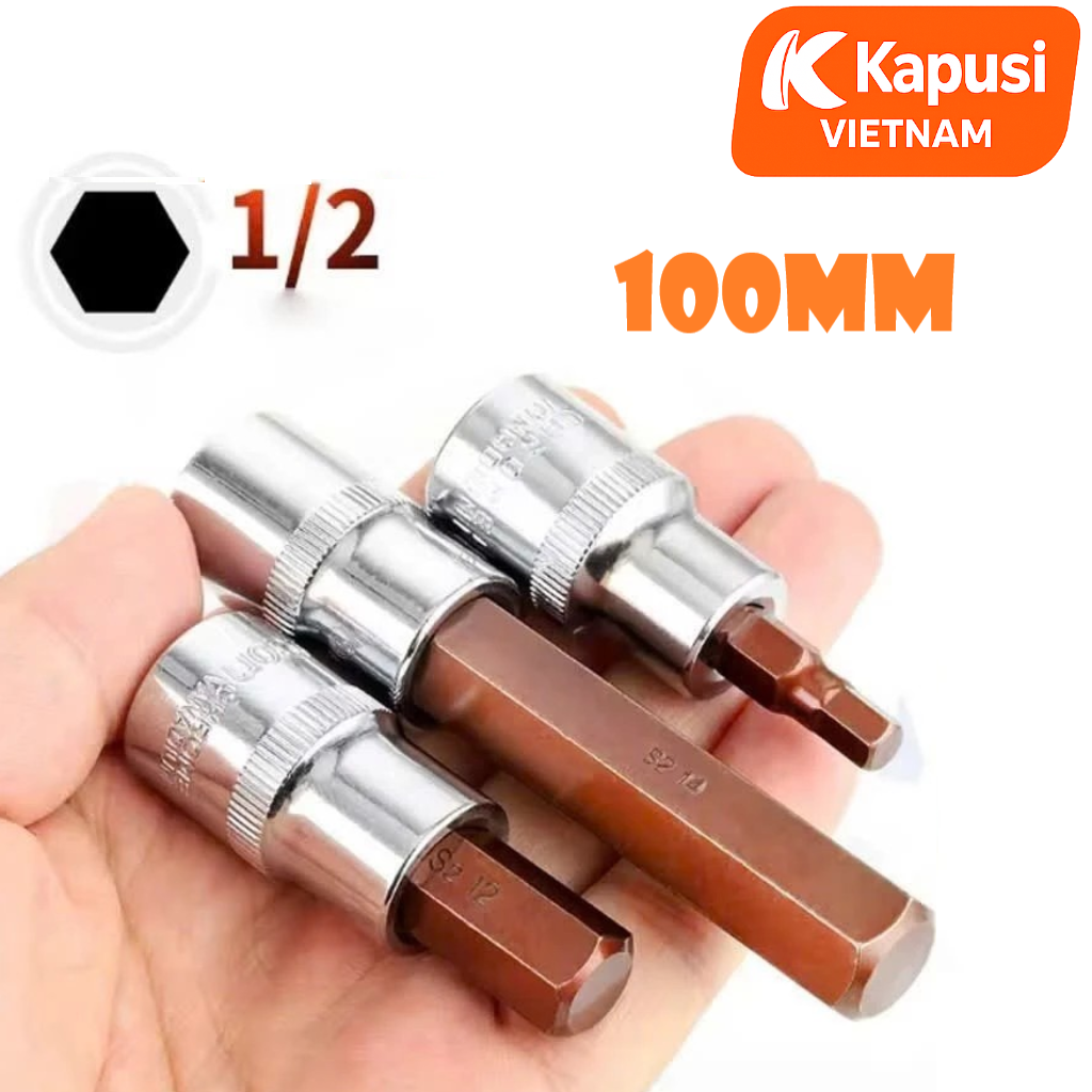 Đầu Tuýp Lục Giác 1/2 Inch Kapusi Dài 100mm (H4-H14) - Thép S2 Siêu Cứng - Chuyên Trị Bu Lông Hốc Sâu - Không Tòe Đầu