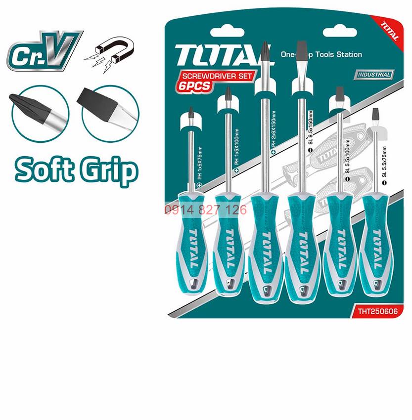 Bộ 6 tua vít TOTAL THT250606 tay cầm thiết kế nhỏ dọn, đuôi tròn